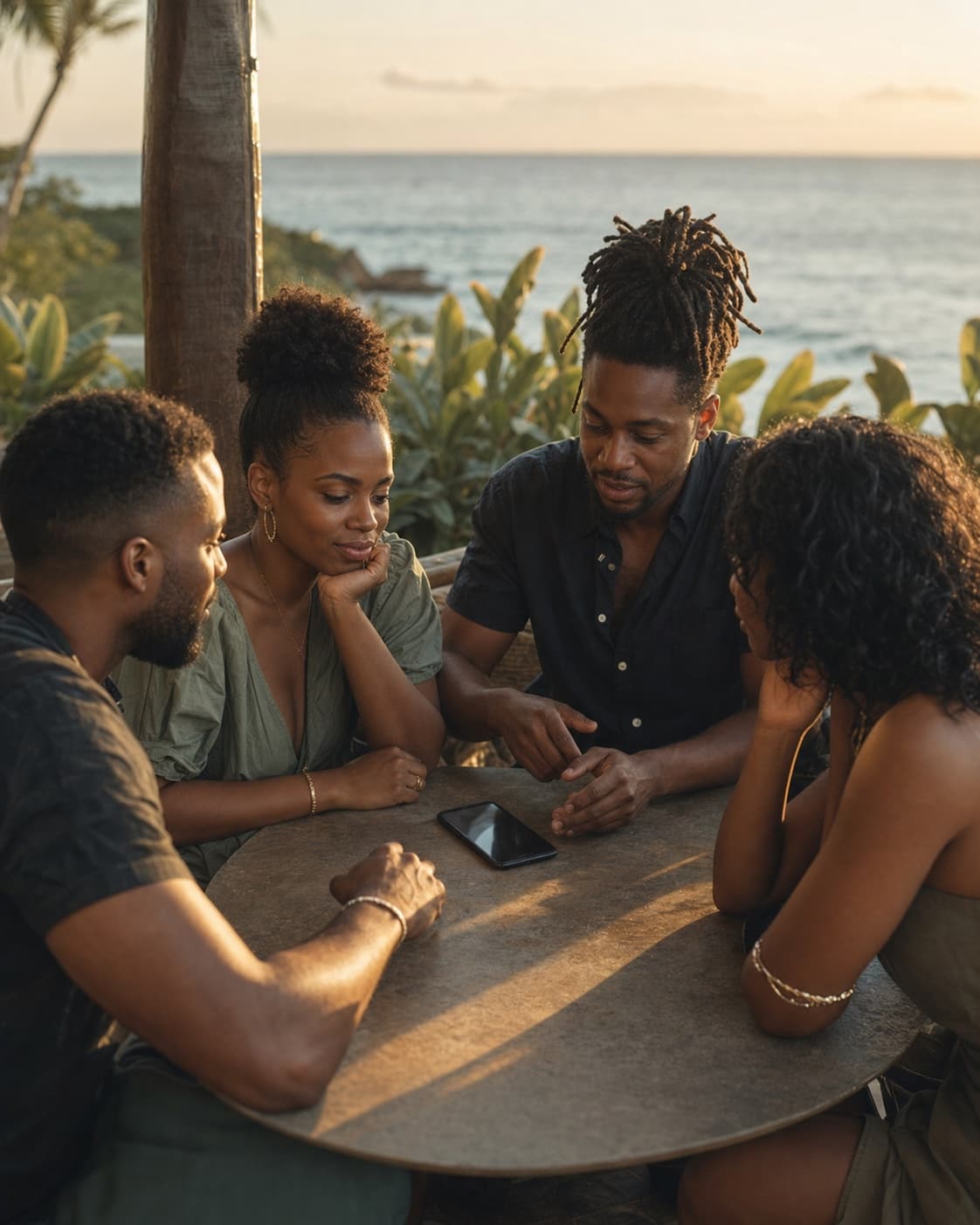Four friends planning together beside the Caribbean Sea